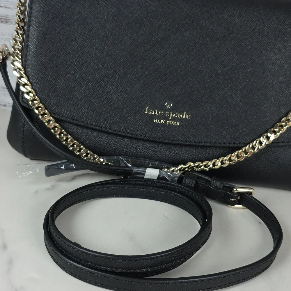 KATE SPADE BLACK CLUTCH CROSSBODY SHOULDER‎ BAG CARSON CONVERTIBLE GOLD CHAIN